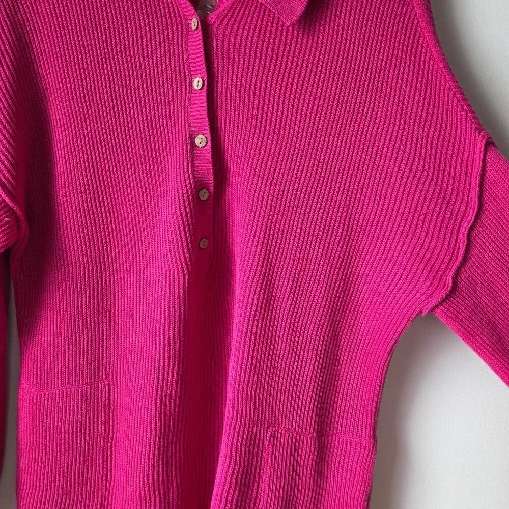 NWT FREE PEOPLE BEACH HOT PINK 1/2 BUTTONED LINEN/COTTON BLEND SWEATER SIZE M
